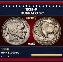 1935-p Buffalo Nickel 5c ms67 SEGS