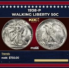 1938-p Walking Liberty Half Dollar 50c Grades ms66