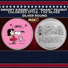 Snoopy Kissing Lucy "SMAK!" Peanuts Colorized Style - 1 oz Silver Round Round