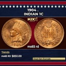 1904 Indian Cent . 1c Grades ms65 rd