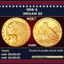 1916-s Gold Indian Half Eagle $5 ms64 USCG