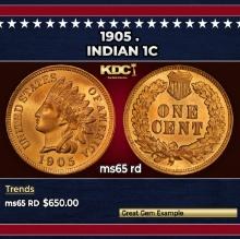 1905 Indian Cent . 1c Grades ms65 rd