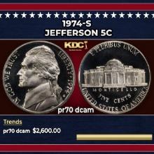 1974-s Proof Jefferson Nickel 5c pr70 dcam SEGS