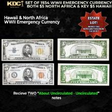 Set of 1934 WWII Emergency Currency Both $5 North Africa & KEY $5 Hawaii Grades AU/CU