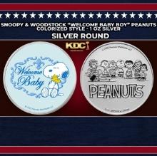 Snoopy & Woodstock "Welcome Baby Boy" Peanuts Colorized Style - 1 oz Silver Round Round