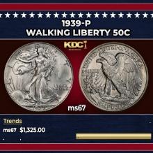 1939-p Walking Liberty Half Dollar 50c ms67 SEGS
