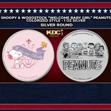 Snoopy & Woodstock "Welcome Baby Girl" Peanuts Colorized Style - 1 oz Silver Round Round