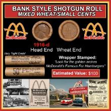 Lincoln Wheat Cent 1c Mixed Roll Orig Brandt McDonalds Wrapper, 1916-d end, Wheat other end