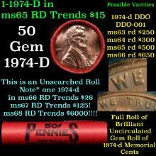 BU Shotgun Lincoln 1c roll, 1974-d 50 pcs Bank Wrapper 50c