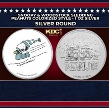 Snoopy & Woodstock Sledding Peanuts Colorized Style - 1 oz Silver Round Round