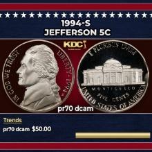 1994-s Proof Jefferson Nickel 5c pr70 dcam SEGS