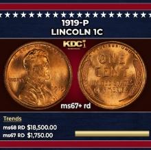 1919-p Lincoln Cent 1c ms67+ rd SEGS