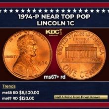 1974-p Lincoln Cent Near Top Pop 1c ms67+ rd SEGS