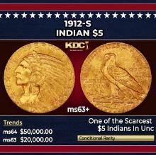 1912-s Gold Indian Half Eagle $5 ms63+ USCG