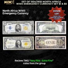 Set of 1934/1935 North Africa WWII Emergency Currency Set $1 & $5 Grades VF/XF