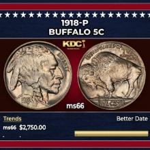 1918-p Buffalo Nickel 5c ms66 SEGS