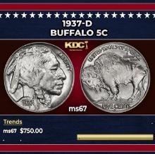 1937-d Buffalo Nickel 5c ms67 SEGS