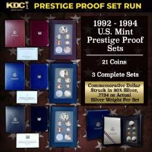 1992-1994 US Mint Prestige Proof Sets - 21 Coins, 3 Complete Sets
