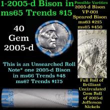 BU Shotgun Jefferson 5c roll, 2005-d Bison 40 pcs Bank $2 Nickel Wrapper