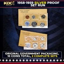 1958 & 1959 Silver Proof Sets 10 Coins In Original Government Packaging Manilla Envelope