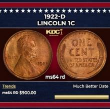 1922-d Lincoln Cent 1c Grades ms64 rd