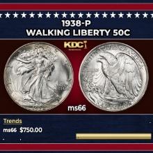 1938-p Walking Liberty Half Dollar 50c Grades ms66