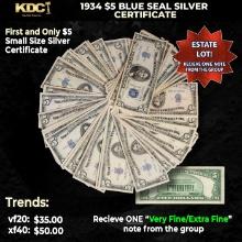1x 1934 $5 Blue Seal Silver Certificate Grades VF/XF