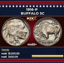 1916-p Buffalo Nickel 5c Grades ms65+
