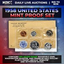 1958 United States Mint Silver Proof Set In Original Goventment Packaging, 5 Coins - Manilla Envelop