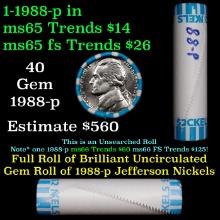 BU Shotgun Jefferson 5c roll, 1988-p 40 pcs Bank $2 Nickel Wrapper