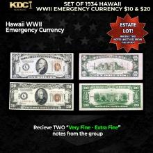Set of 1934 Hawaii WWII Emergency Currency $10 & $20 Grades VF/XF