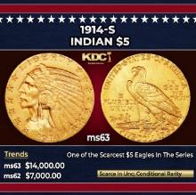 1914-s Gold Indian Half Eagle $5 ms63 USCG
