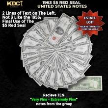 10x 1963 $5 Red Seal United States Note Grades VF/XF