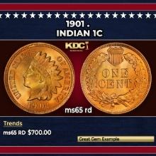 1901 Indian Cent . 1c Grades ms65 rd