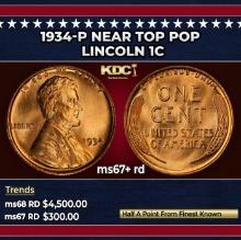 1934-p Lincoln Cent Near Top Pop 1c ms67+ rd SEGS