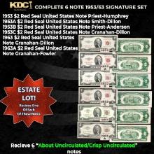 Complete 1953/63 $2 Red Seal United States Note Signature Set 1953, 1953a, 1953b. 1953c, 1963, 1963A