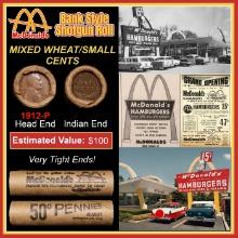 Lincoln Wheat Cent 1c Mixed Roll Orig Brandt McDonalds Wrapper, 1912-p end, Indian other end