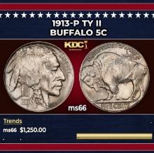 1913-p Ty II Buffalo Nickel 5c ms66 SEGS