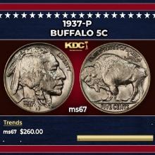 1937-p Buffalo Nickel 5c ms67 SEGS