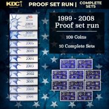 1999-2008 Proof Set Run - 109 Coins, Full 50 State Quarters Run 10 Complete Sets