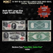 1x 1917 $1 & 1917 $2 Large Size Red Seal Legal Tender Notes Grades VF/XF