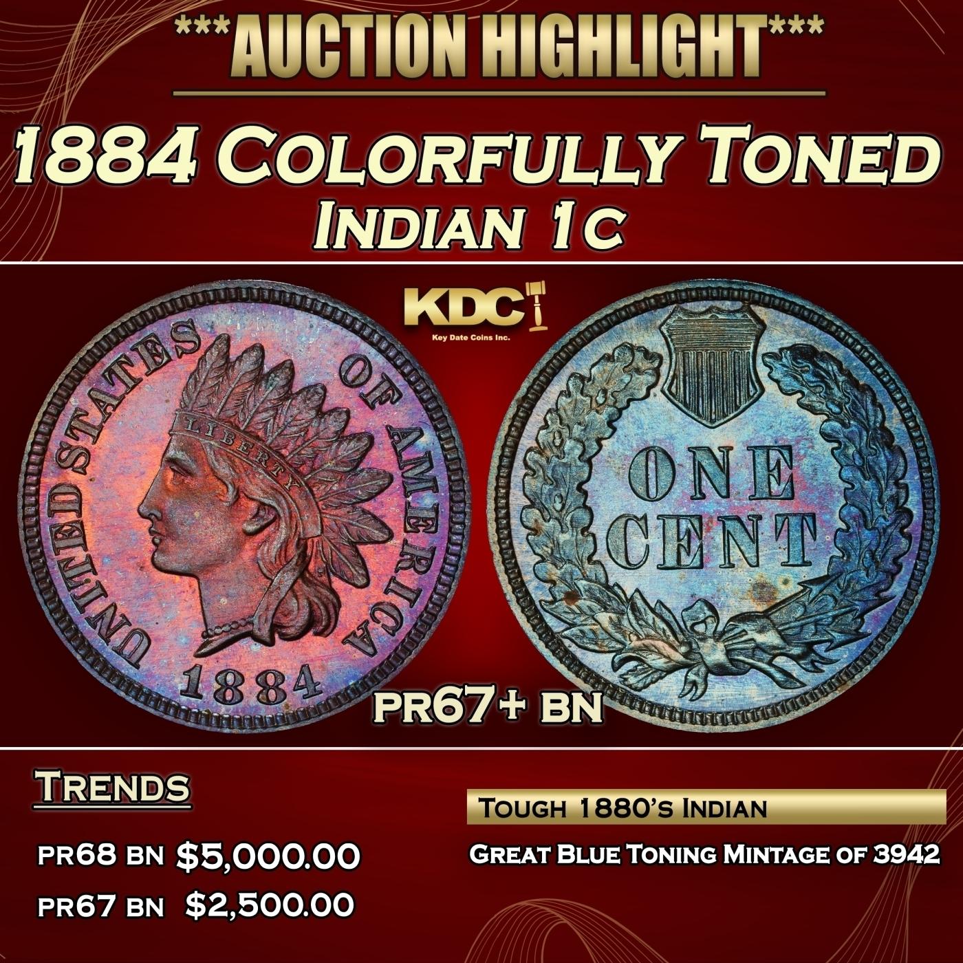 1884 Proof Indian Cent Colorfully Toned 1c pr67+ bn SEGS