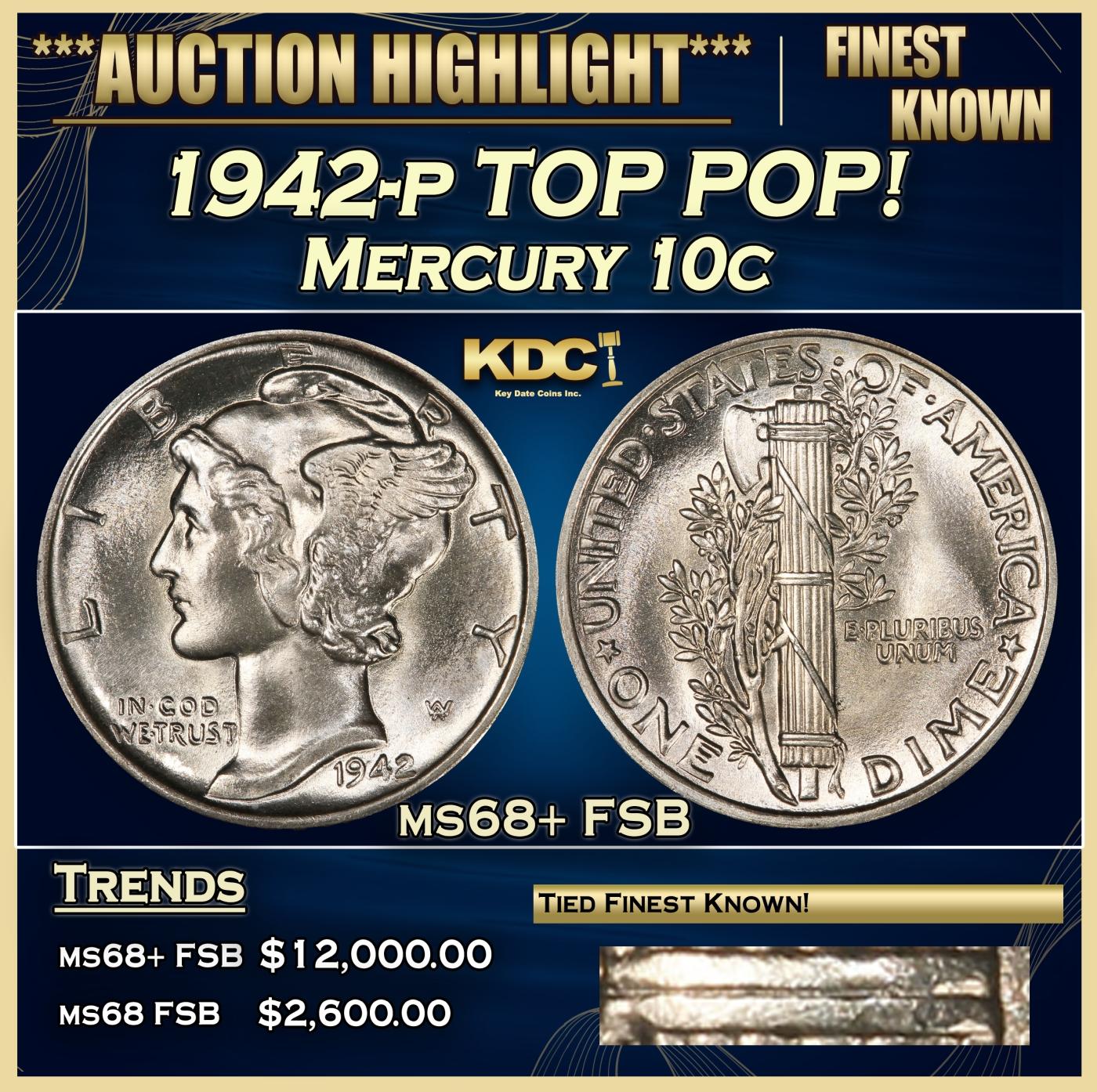 1942-p Mercury Dime TOP POP! 10c ms68+ FSB SEGS
