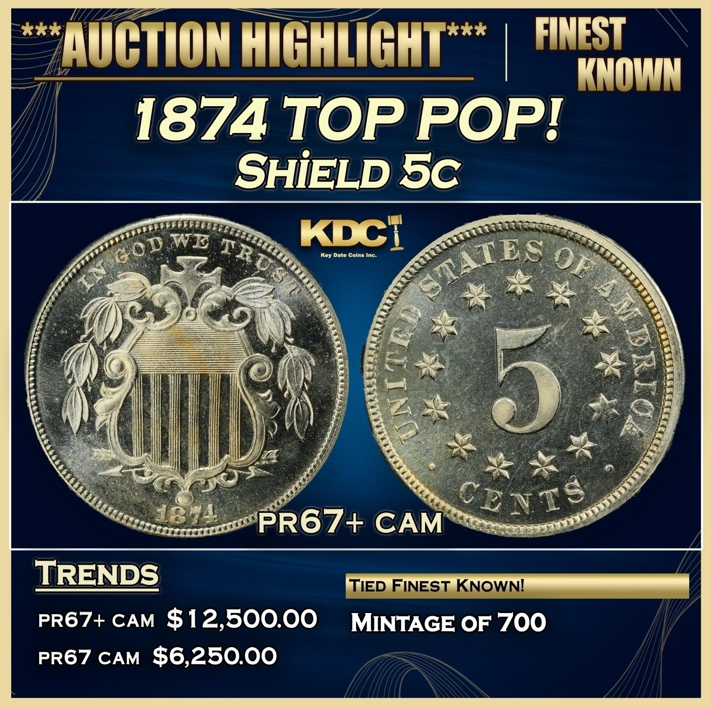 1874 Proof Shield Nickel TOP POP! 5c pr67+ cam SEGS