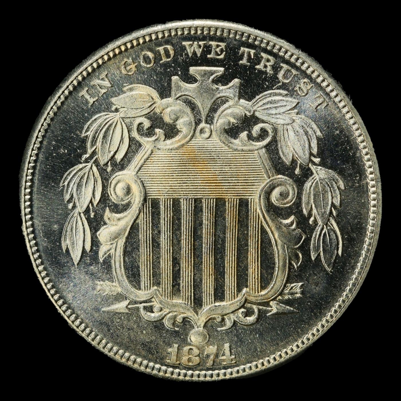 1874 Proof Shield Nickel TOP POP! 5c pr67+ cam SEGS