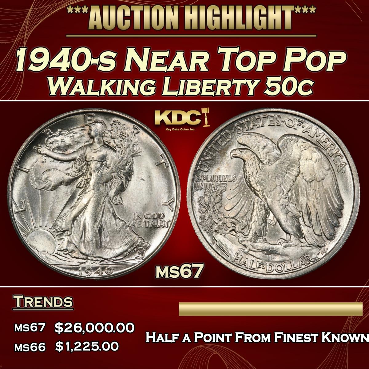 1940-s Walking Liberty Half Dollar Near Top Pop 50c ms67 SEGS