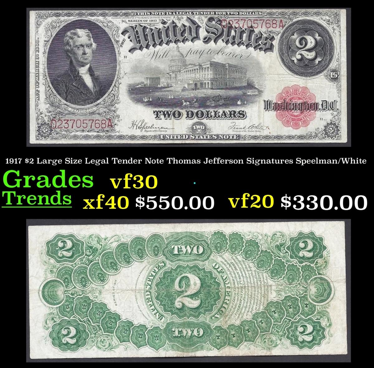 1917 $2 Large Size Legal Tender Note Thomas Jefferson Grades vf++ Signatures Speelman/White