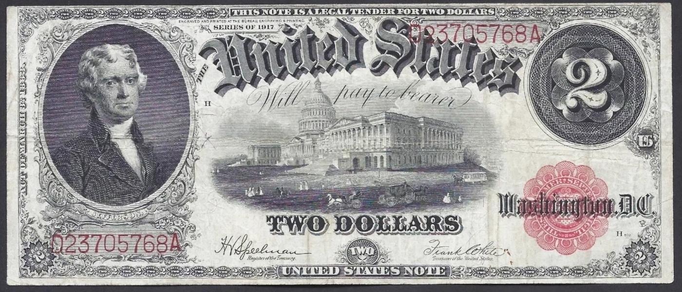 1917 $2 Large Size Legal Tender Note Thomas Jefferson Grades vf++ Signatures Speelman/White