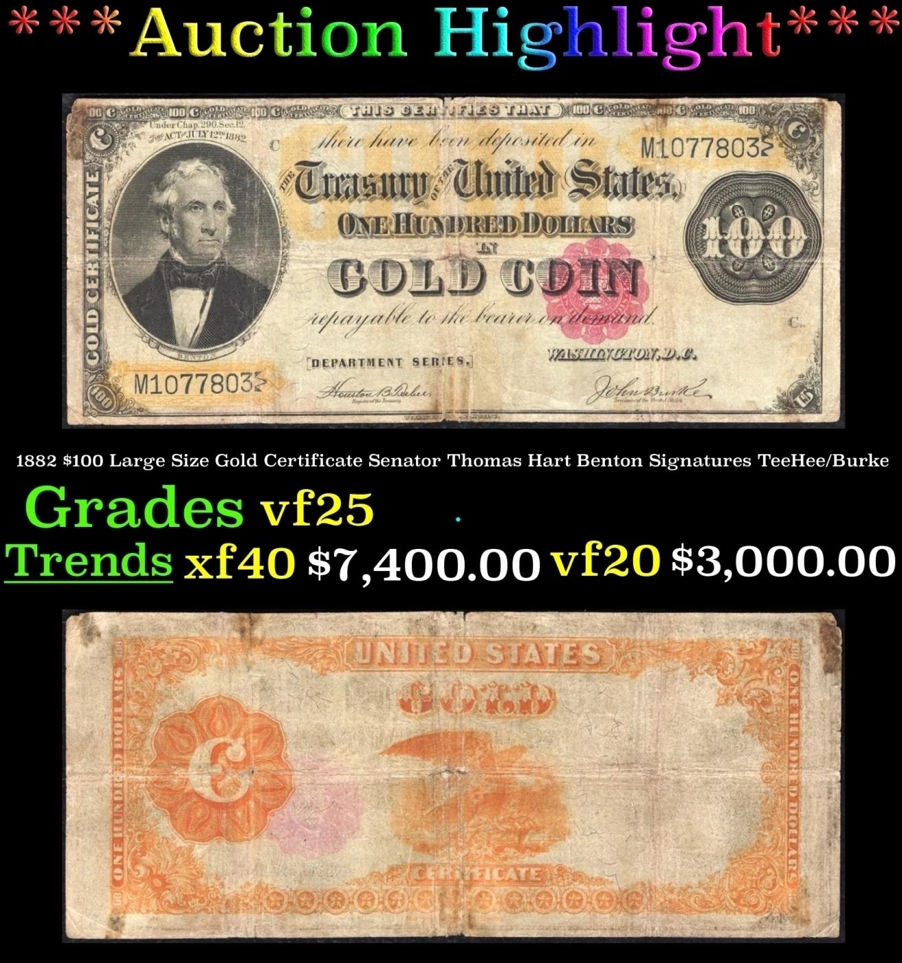 1882 $100 Large Size Gold Certificate Senator Thomas Hart Benton Grades vf25 Signatures TeeHee/Burke