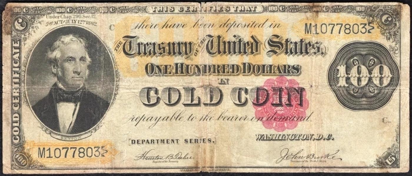 1882 $100 Large Size Gold Certificate Senator Thomas Hart Benton Grades vf25 Signatures TeeHee/Burke